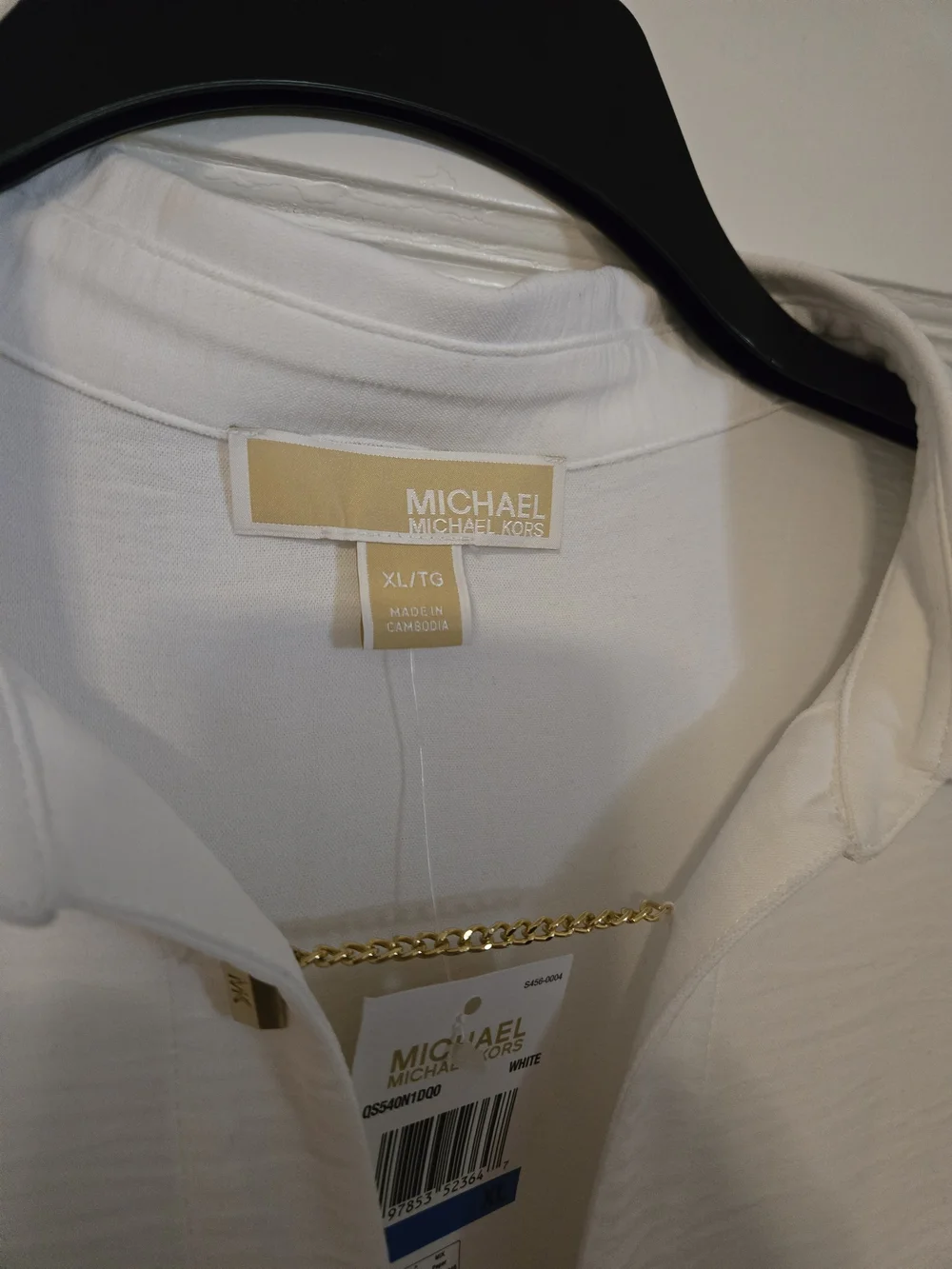 Michael Kors White Long-Sleeve Blouse with Gold Chain Detail